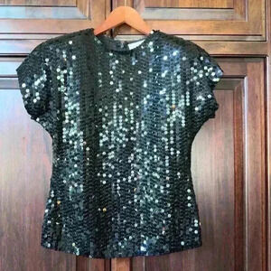 VINTAGE! 1980s Destinee Black Sequined Top with built in shoulder pads! Size S